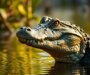 Fototapeta premium enigmatic alligator with its stillness and mesmerizing ripples it creates on swamp's surface embodies harmonious coexistence of apex predators and other wildlife in this captivating ecosystem