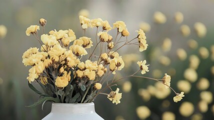 Butter yellow wildflowers in white vase with soft background