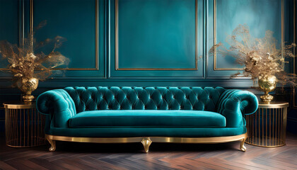 opulent and dramatic sapphire blue and emerald green velvet sofa in luxurious 3d rendered interior scene