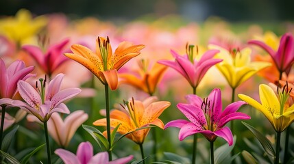 A vibrant meadow filled with colorful lilies in shades of pink, orange, and yellow, their petals standing tall under the warm summer sun, creating a lively, cheerful atmosphere.