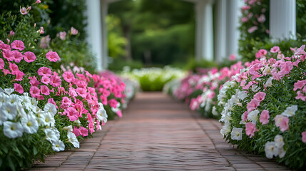 A serene garden filled with petunia flowers in soft pink and white hues, adding elegance to the pathway