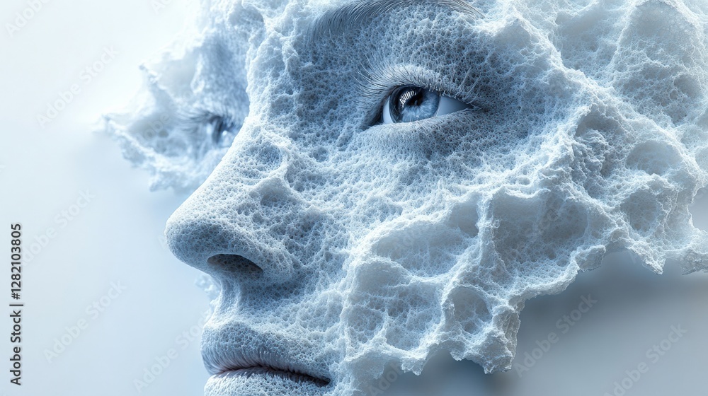Poster abstract representation of a human face emerging from a textured surface, evoking emotion and though