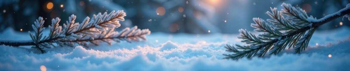 Snowy ground, frosted fir branches, soft glowing lights , bokeh, abstract