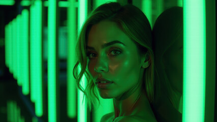 Portrait of a Woman in a Cyberpunk Green Glow – Electric and Alluring