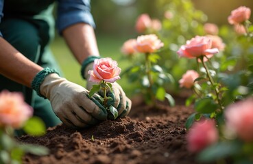 Gardener hands planting rose flowers in garden soil wearing gloves. Rose cultivation, care. Hobbyist grows roses. Summer garden work. Agriculture, gardening, horticulture, cultivation, botany, bloom,
