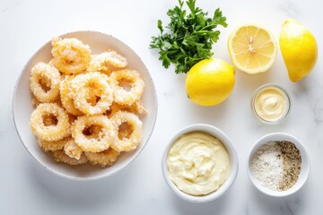 Crispy golden calamari rings arranged with fresh lemon and sauces ready for a delightful seafood feast
