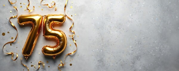 Golden foil balloons forming number 75 with serpentine on gray concrete backdrop. Anniversary greeting card with inscription 75. Jubilee corporate banner abstract layout, glistering decor. Decorative