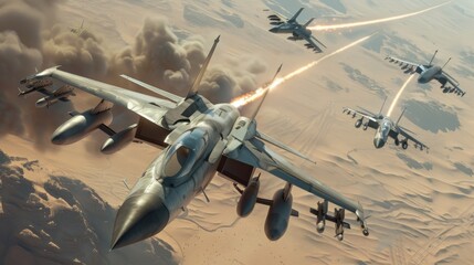 A detailed aerial view captures jets locked in a battle over the desert, afterburners blazing, missiles flying at enemy aircraft.