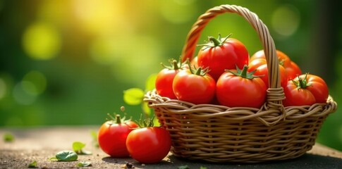 Sun-drenched basket brimming with vibrant tomatoes , produce, vegetable
