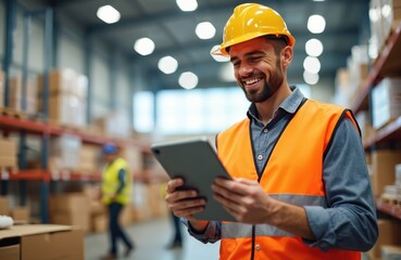 Pro warehouse manager smiles checking stock with tablet. Worker wears high visibility clothing hard hat counting goods boxes delivery at factory. Logistics expert, modern warehouse technologies.