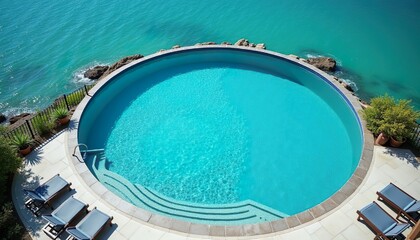 Plakat Round swimming pool with blue water with sun loungers along the perimeter by the sea, view from above, luxury resort and spa