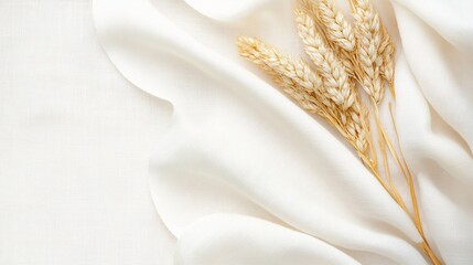 Three wheat stems are arranged on a delicate white cloth