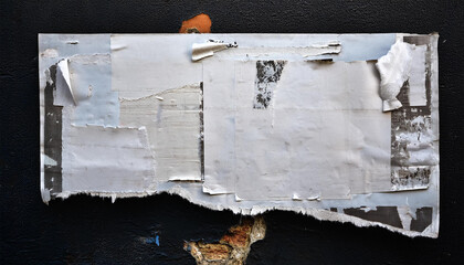 white torn ripped aged paper poster on the black wall surface grunge rough dirty rust background urban collage texture