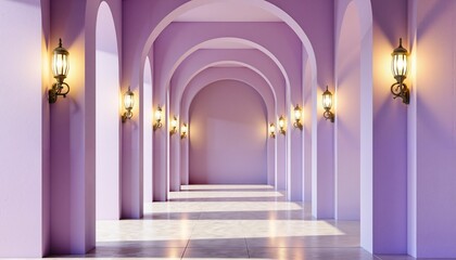 Obraz premium Ethereal soft lilac colonnade illuminated by golden lanterns, tranquility