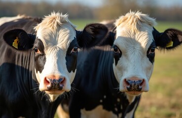 Close-up of two black and white Dutch cows. Farm animals gazing into camera. Beef cattle in field, farm concept. Livestock at farmland, sustainable agriculture.