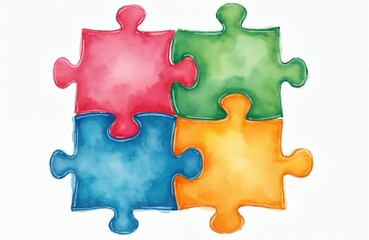 Obraz premium Watercolor illustration of bright jigsaw puzzle pieces. Colorful, vibrant picture. Blue, red, green, yellow colors. Perfect for kids room, educational materials, creative projects. Connection,