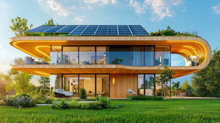 Obraz premium Modern Eco House with Solar Panels and LED Lighting