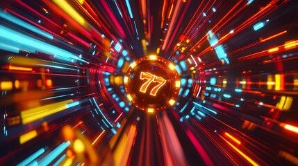 Abstract casino slot machine background. Colourful online casino banner 777 big winning symbol of gold jackpot, casino bar celebration light graphic.