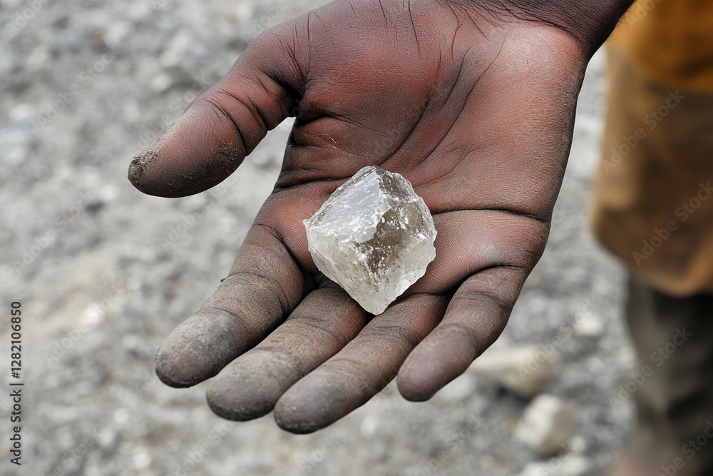 Poster miners hand holding a rough gemstone in a dusty environment. generative ai