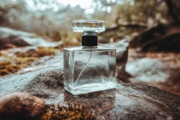 A clear glass perfume bottle sits on a stone surface in a natural setting, surrounded by soft foliage and blurred background elements.