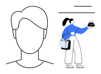 Woman with shopping bags examines a handbag next to a blank male avatar icon. Ideal for retail, consumer behavior, lifestyle, fashion, gender roles, identity, marketing visuals. Abstract line flat