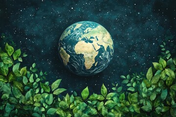 Floating Earth Surrounded By Vibrant Green Leaves Against A Cosmic Starry Background