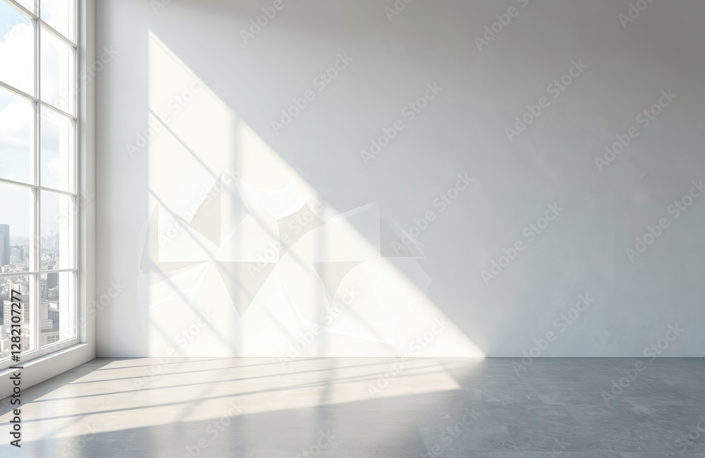 Poster white interior with abstract wall. generative ai rendering of room with geometric pattern and sunlig
