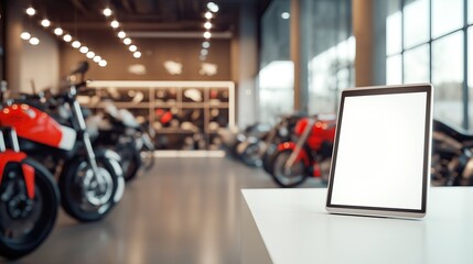 Obraz premium white tablet with blank white screen. Background white desk motobike showroom