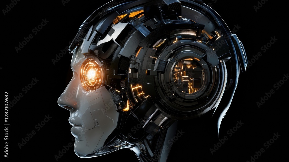 Leinwandbilder side profile of a cybernetic head showcasing intricate mechanical structures and a glowing robotic e