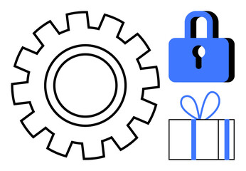 Gear symbolizing functionality, blue padlock representing security, and wrapped gift box. Ideal for tech, security, productivity, celebrations, services user experience business processes. Line