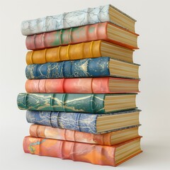 Stack of colorful vintage books with textured spines on a light background.