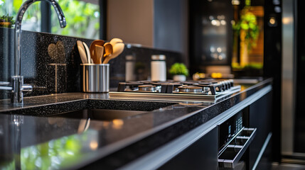 Luxury Home Kitchen Featuring Sleek Granite Countertops, Premium Steel Appliances, and Custom Cabinetry, Creating an Impressive and Upscale Cooking Space for Culinary Excellence