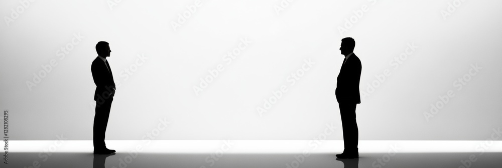 Poster silhouettes of two executives engaged in a professional conversation against a minimalistic backgrou