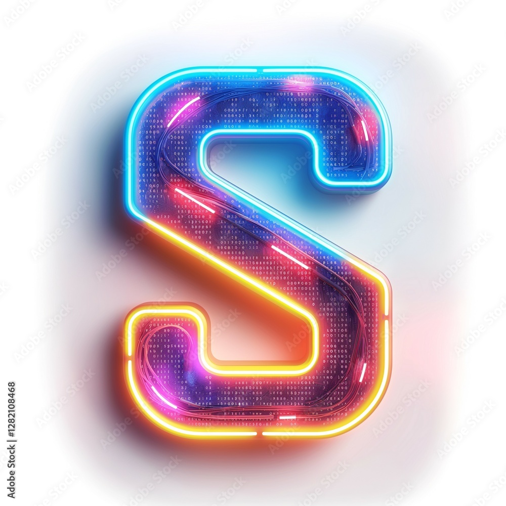 Poster a vibrant, illuminated letter 's' featuring neon colors and digital patterns, creating a modern and 
