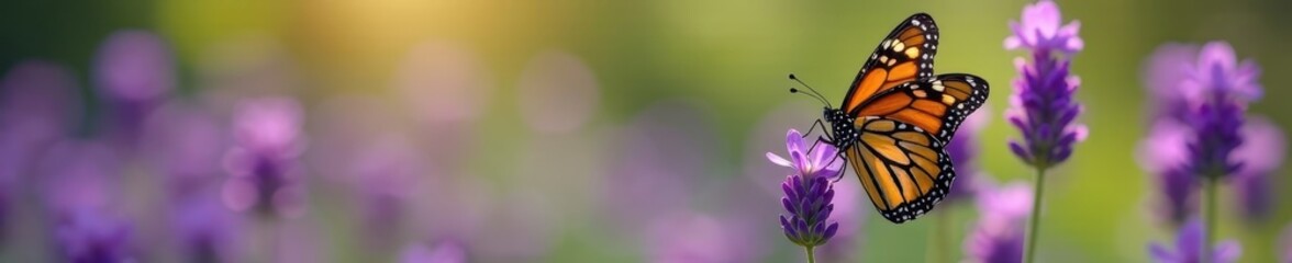 Fototapeta premium A monarch butterfly perched on a lavender flower, close-up, nature