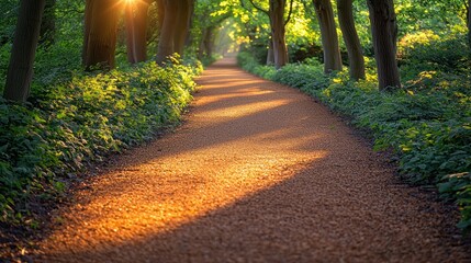 Fototapeta premium A serene walk on sunlit gravel path in a forest. Use Wellbeing, Travel