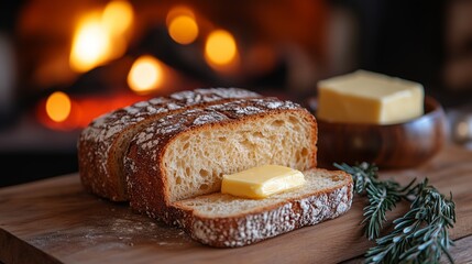 Rustic bread slices, butter, fireplace background