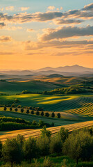 Fototapeta premium Enveloping Serenity: A Panorama of Landscapes Awash with Sunset's Radiance and Nature's Harmony