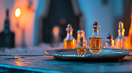 Elegant display of glass perfume bottles on a silver tray with warm candlelight ambiance