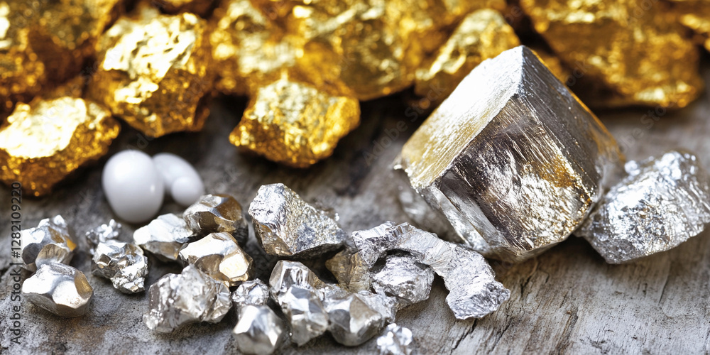Poster gold, silver, and lithium mining materials displayed together. generative ai