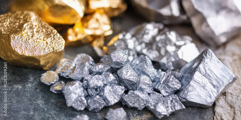 Poster gold, silver, and lithium minerals on a textured surface. generative ai