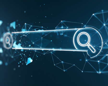 A digital search bar illustration with glowing lines and a magnifying glass, representing online searches, technology, and data exploration in a modern, high-tech design.