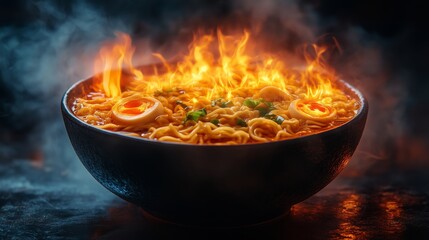 A glowing neon sign outline sketch of ramen in a black wall