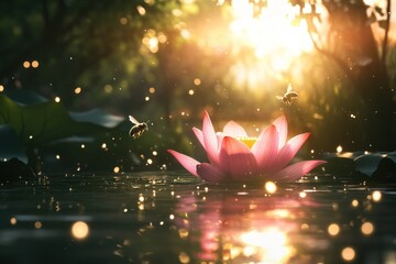 Pink Lotus Blossom In Golden Sunlight With Bees