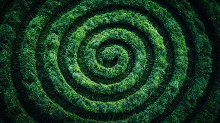 A spiral maze of green grass, an overhead view, can be used for marketing