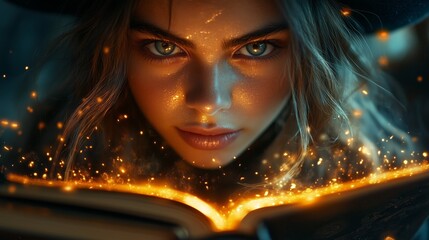 Halloween cheerful little witch with a magic wand