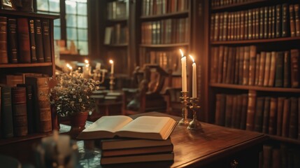 Serene moment in an ornate library filled with vintage books