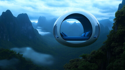 Futuristic circular lounge floating above misty mountains – surreal escape and modern eco-architecture concept