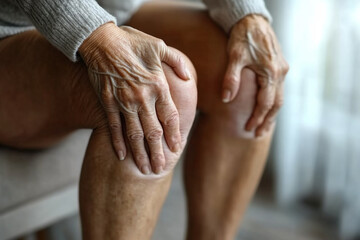 Elderly Woman Carrying out a Massage Therapy Session for Knee Pain Relief at Home in the Afternoon