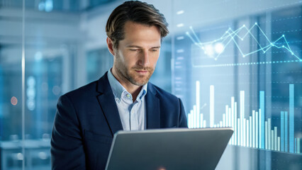 Business & Corporate concept, business strategist analyzing futuristic data on laptop in office environment